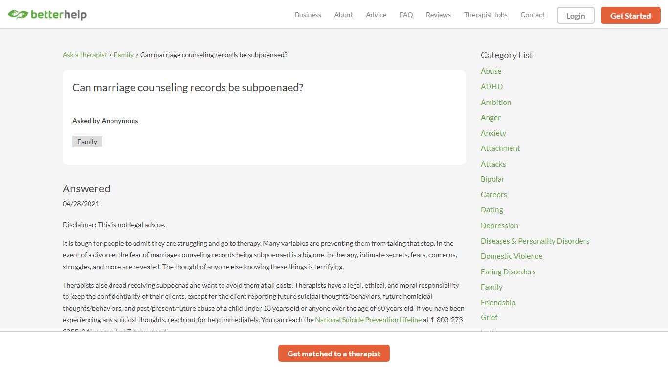 Can marriage counseling records be subpoenaed? | BetterHelp